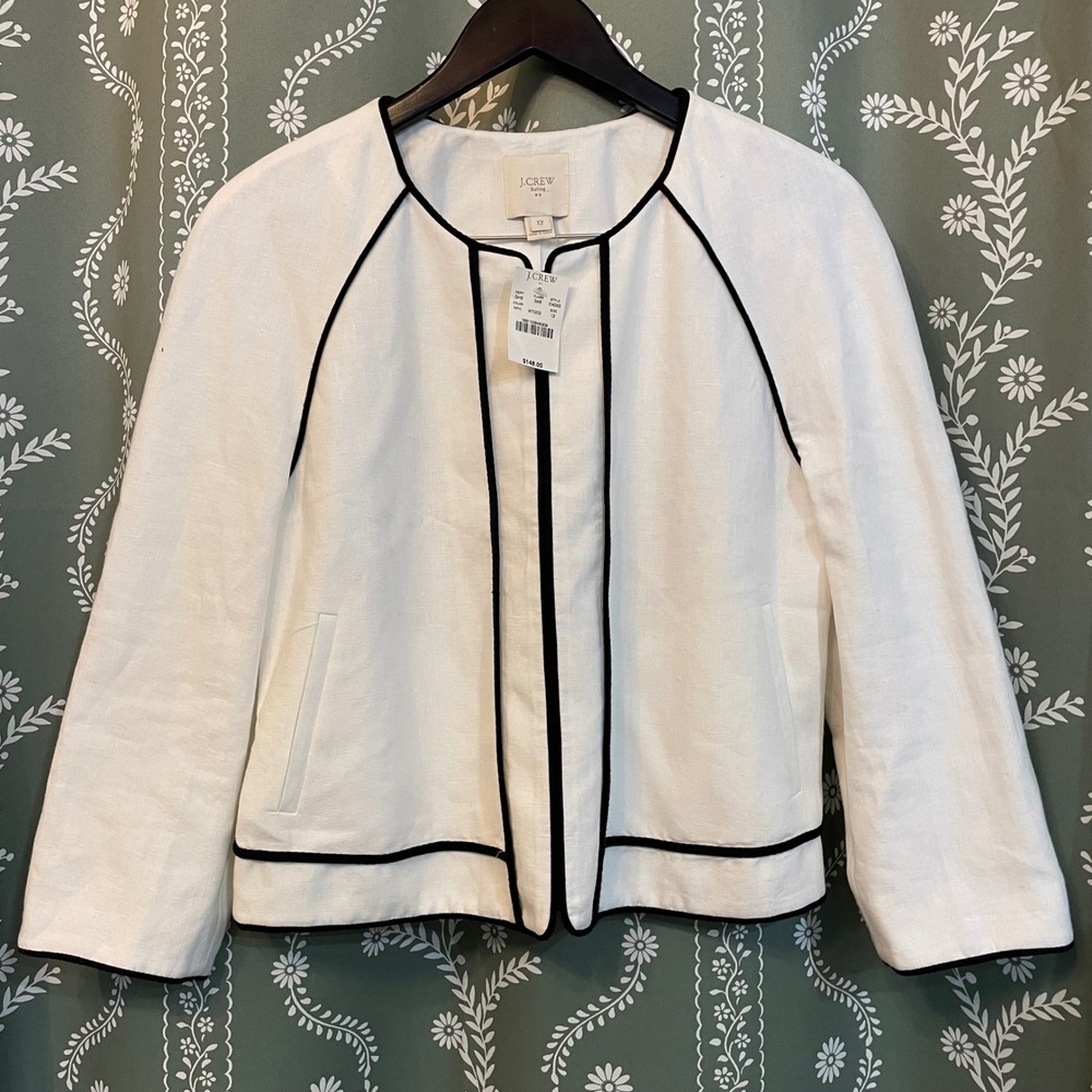 NEW J.Crew Linen‎ Blazer Jacket White Black Piping Zip Front 3/4 Sleeve Sz 12